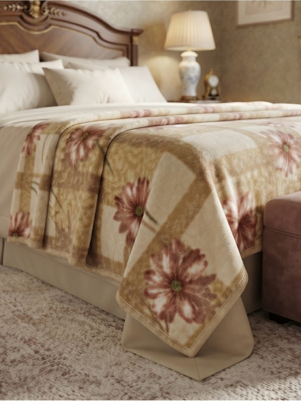3/50$Plush Floral Throw Blanket - Beige and Rose